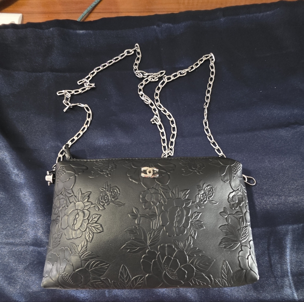 CHANEL Black Camellia Floral Embossed Crossbody Bag. NWOT